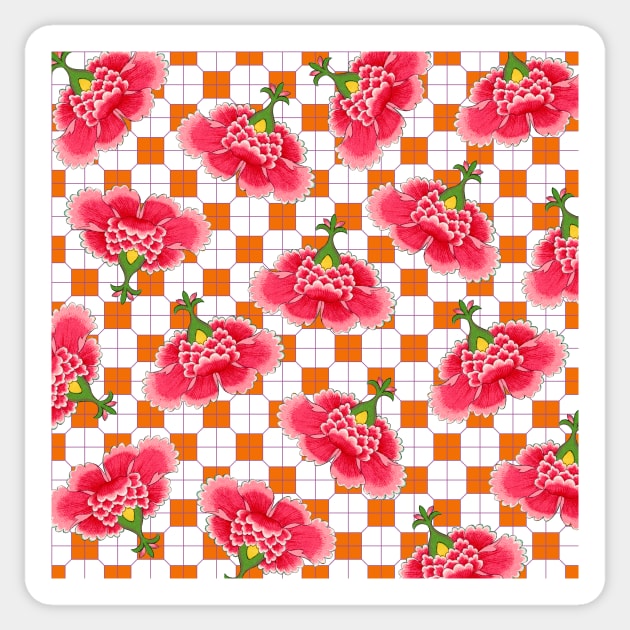 Chinese Vintage Pink and Red Flowers with Orange Tile - Hong Kong Traditional Floral Pattern Sticker by CRAFTY BITCH